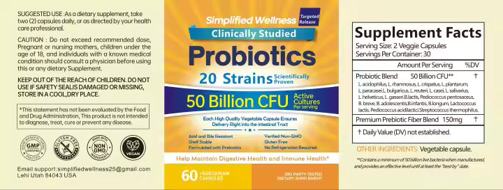 Simplified Wellness Digestive Health Probiotics 50 Billion CFU 20 Strains