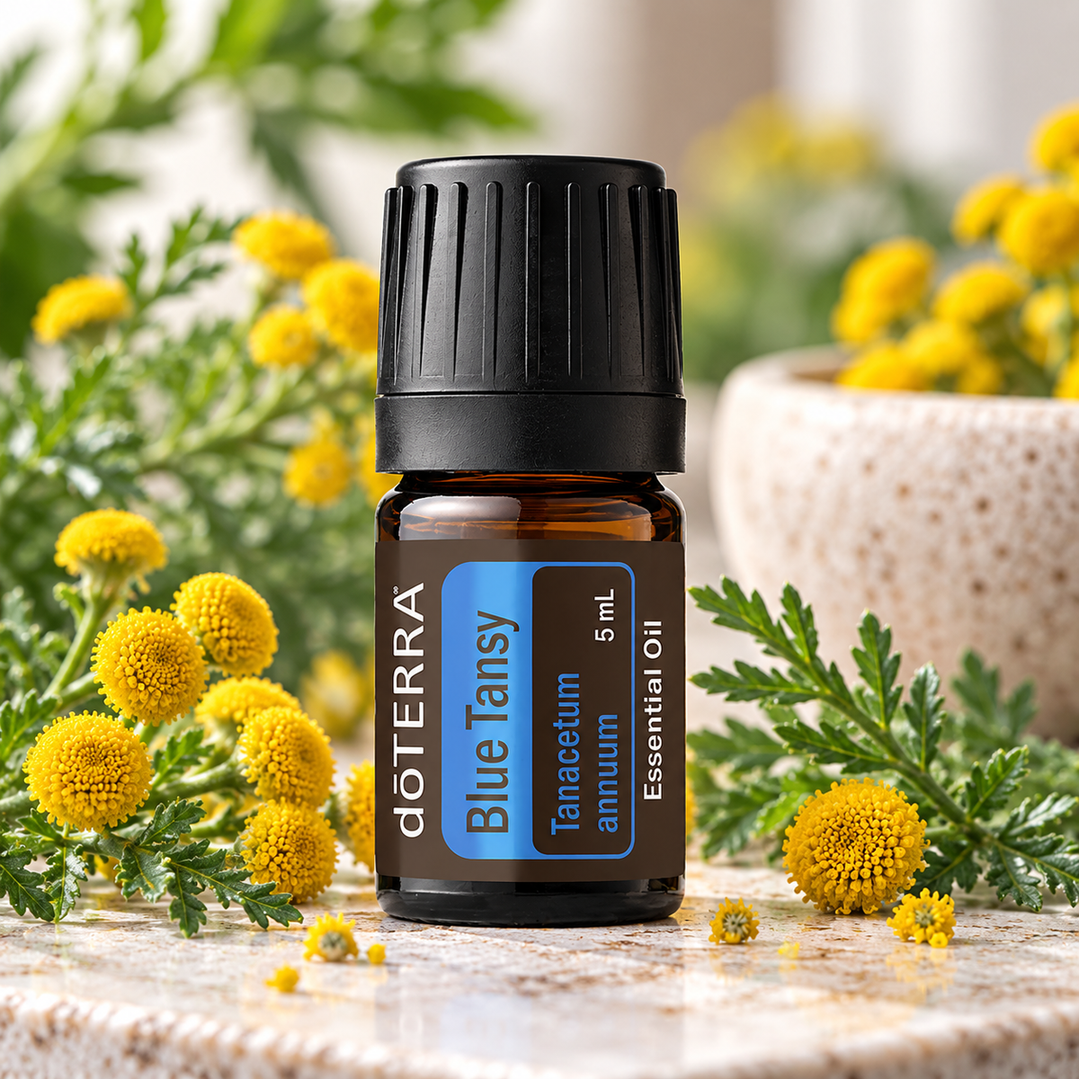 doTERRA Blue Tansy Essential Oil 5ml with Blue Tansy flowers and botanicals

