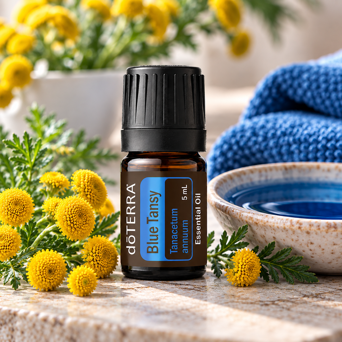 doTERRA Blue Tansy Essential Oil 5ml in a botanical personal care setting
