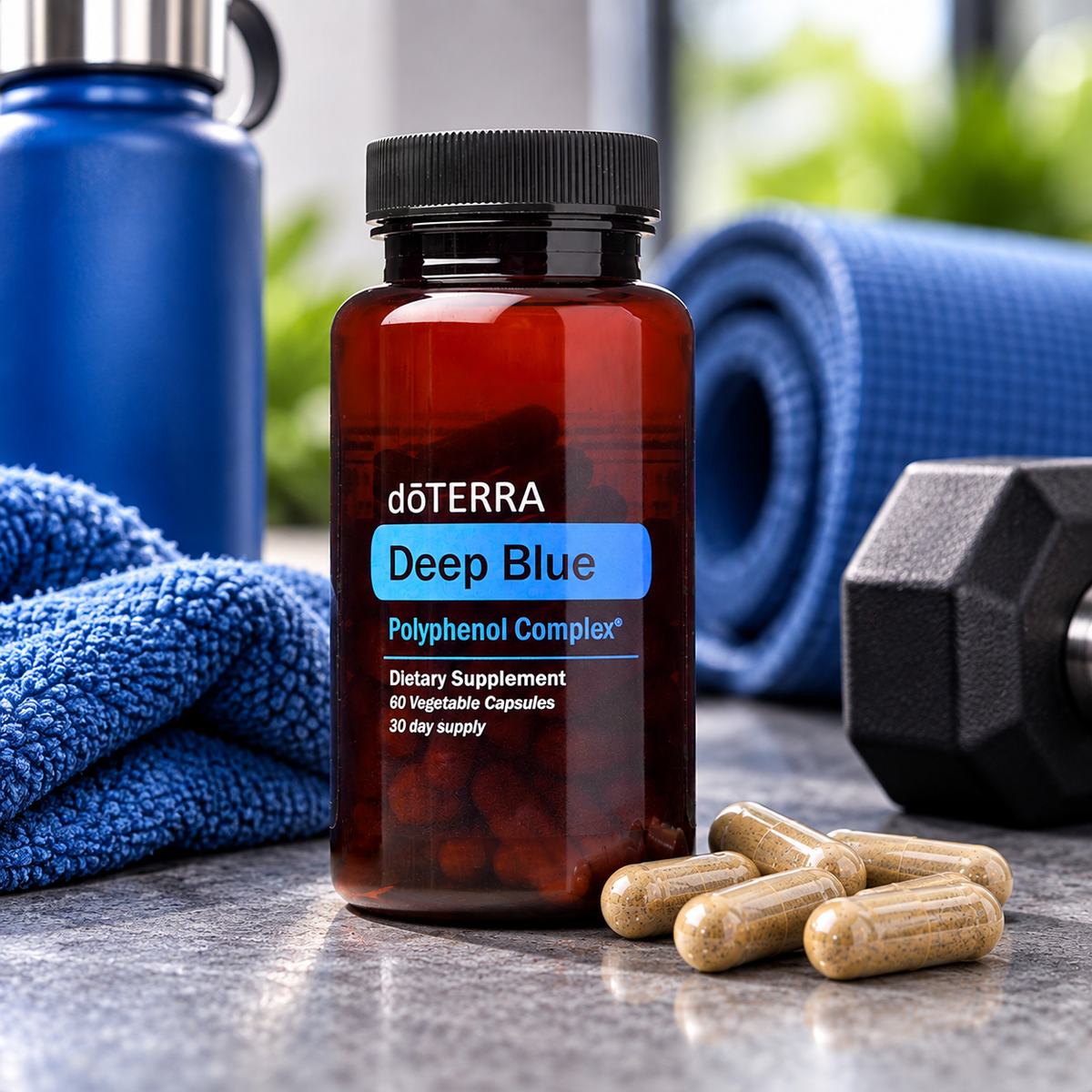 doTERRA Deep Blue Polyphenol Complex 60 vegetable capsules in an active lifestyle setting
