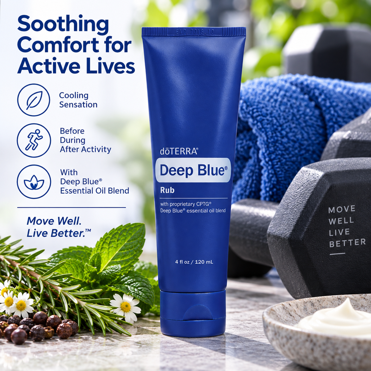 doTERRA Deep Blue Rub 120ml with botanicals in an active lifestyle setting2