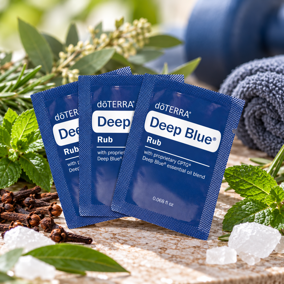 doTERRA Deep Blue Rub 2ml sample pouches with botanicals in an active lifestyle setting
