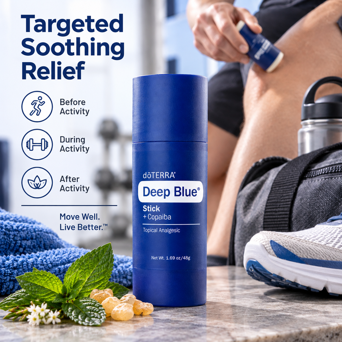 doTERRA Deep Blue Stick + Copaiba 48g for convenient targeted application before or after exercise
