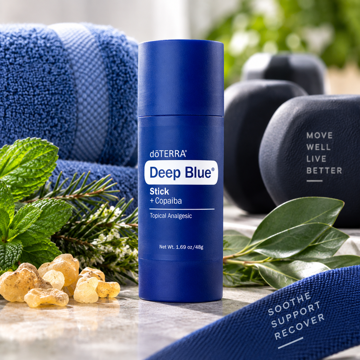 doTERRA Deep Blue Stick + Copaiba 48g with fitness and botanical setting