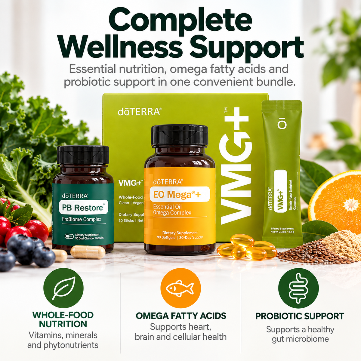 doTERRA Foundational Wellness Bundle with VMG+, EO Mega+ and PB Restore highlighting nutrition, omega fatty acids and probiotic support
