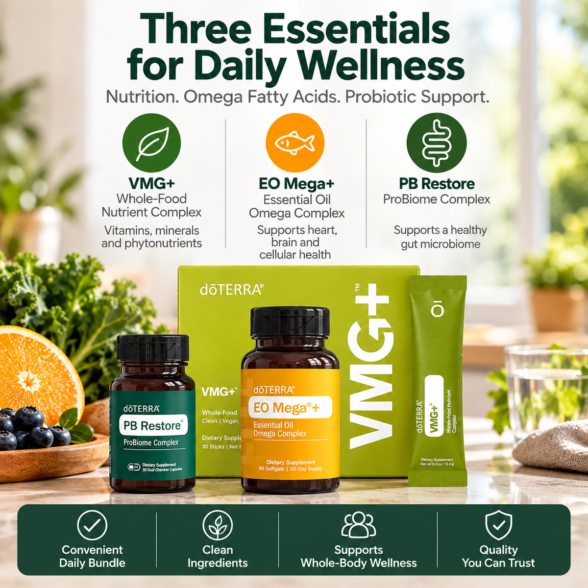 doTERRA Foundational Wellness Bundle with VMG+, EO Mega+ and PB Restore daily wellness products