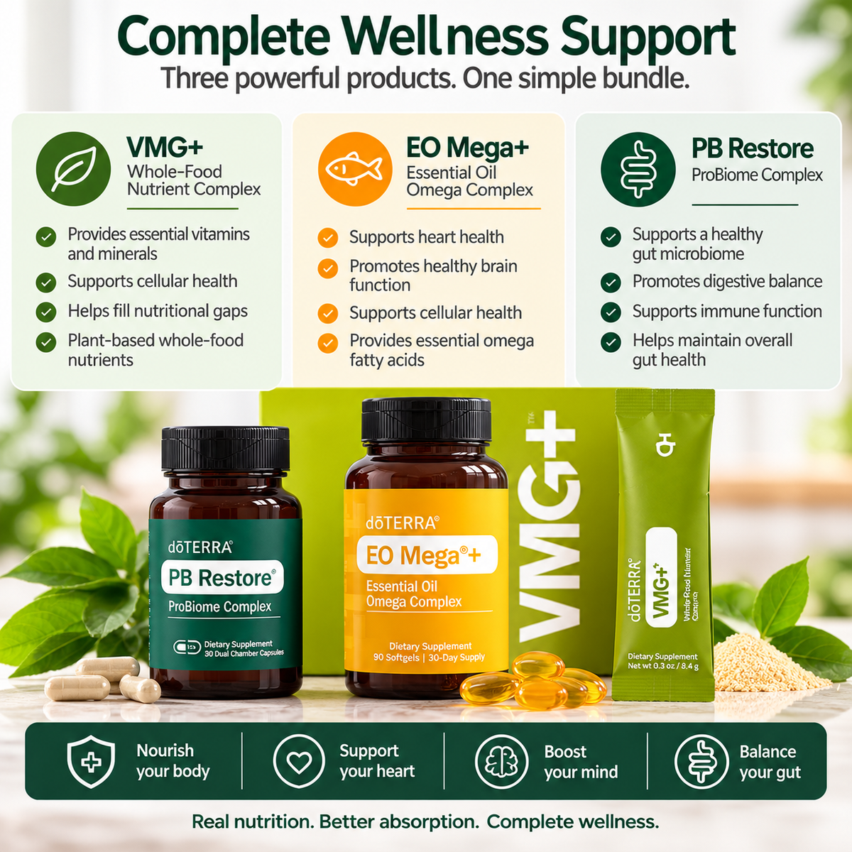 doTERRA Foundational Wellness Bundle with VMG+, EO Mega+ and PB Restore