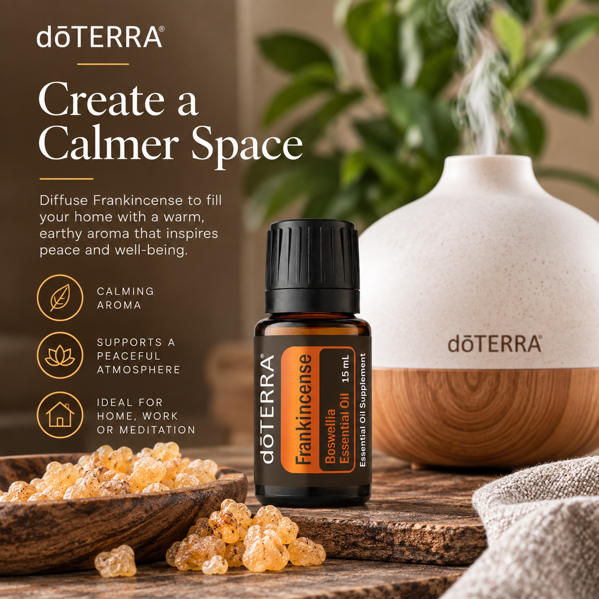 doTERRA Frankincense Essential Oil beside an essential oil diffuser