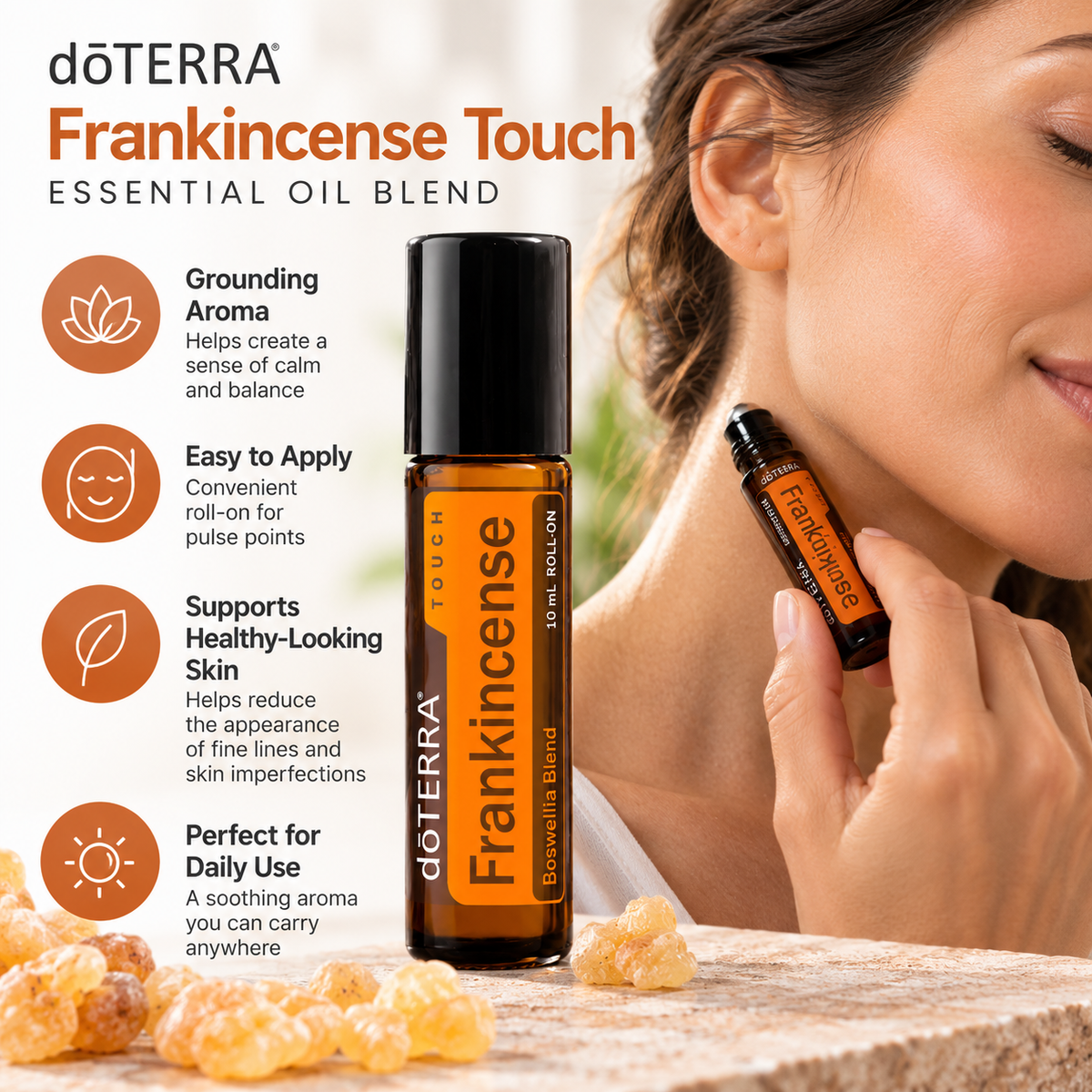 doTERRA Frankincense Touch 10ml roll-on being applied to a pulse point