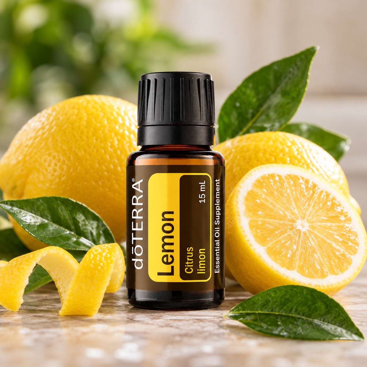 doTERRA Lemon Essential Oil 15ml with fresh lemons
