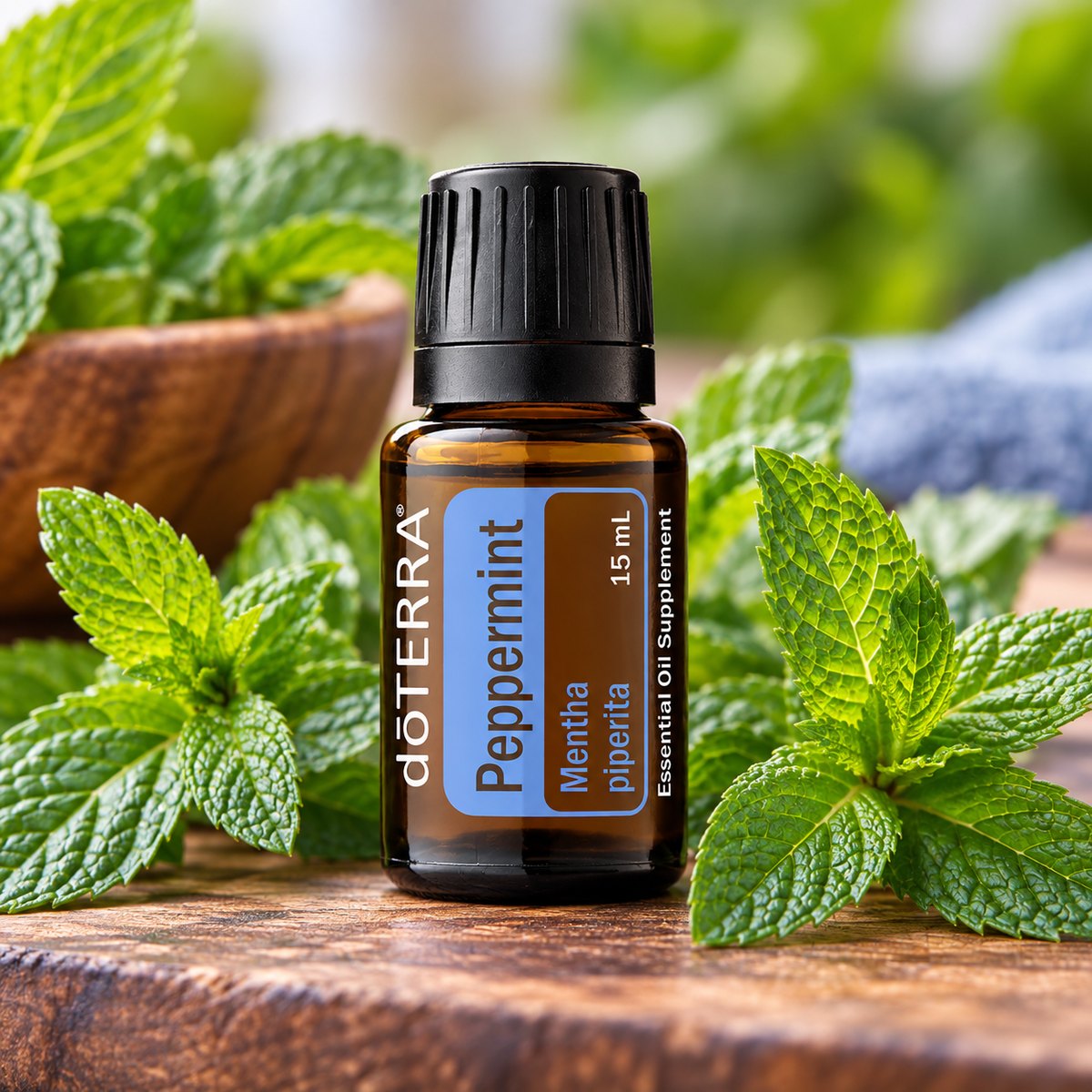 doTERRA Peppermint Essential Oil 15ml with fresh peppermint leaves