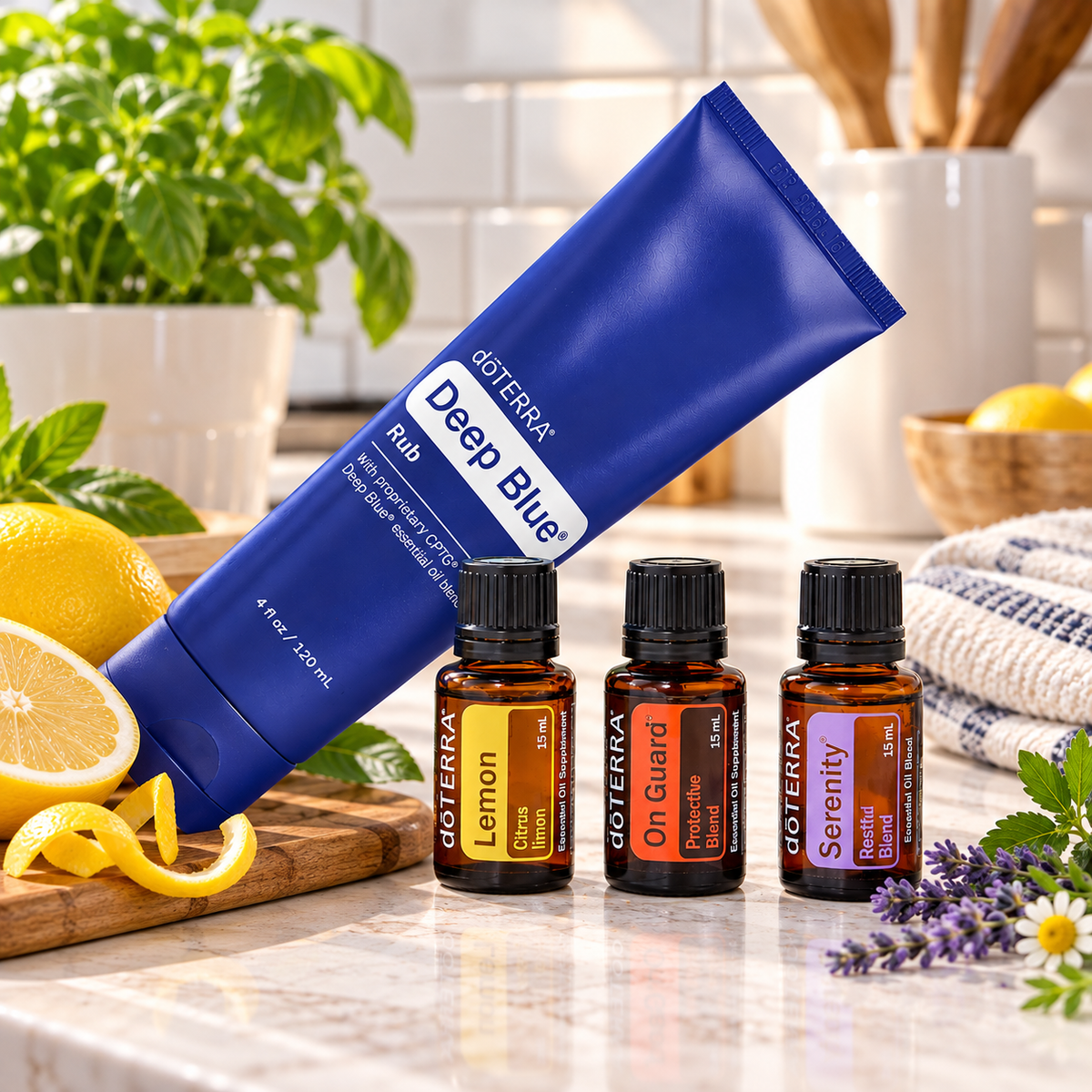 doTERRA Simple Solutions Collection with Deep Blue Rub, Lemon, On Guard and Serenity in a bright kitchen setting
