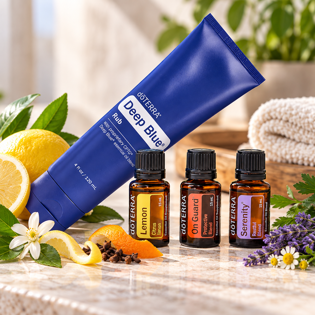 doTERRA Simple Solutions Collection with Deep Blue Rub, Lemon, On Guard and Serenity in a botanical lifestyle setting