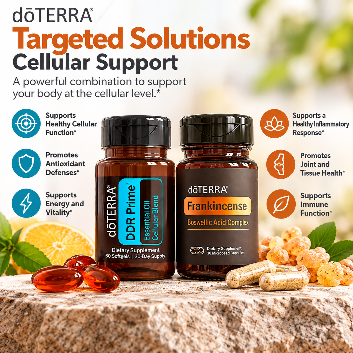 doTERRA Targeted Solutions Cellular Support bundle with DDR Prime and Frankincense Boswellic Acid Complex benefits
