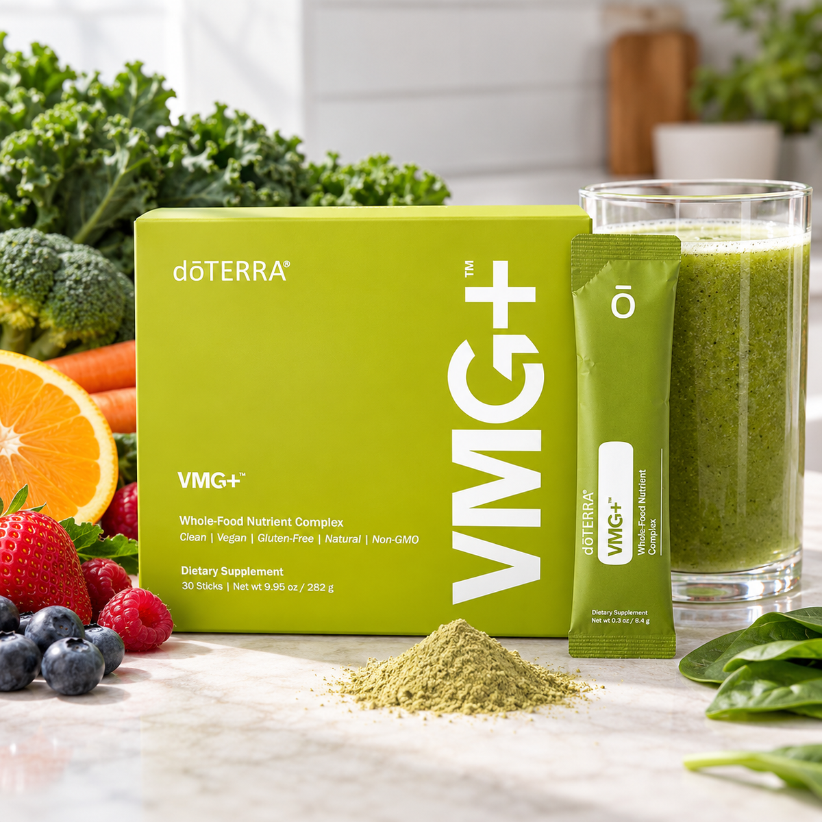 doTERRA VMG+ Whole-Food Nutrient Complex with green drink, fruits and vegetables