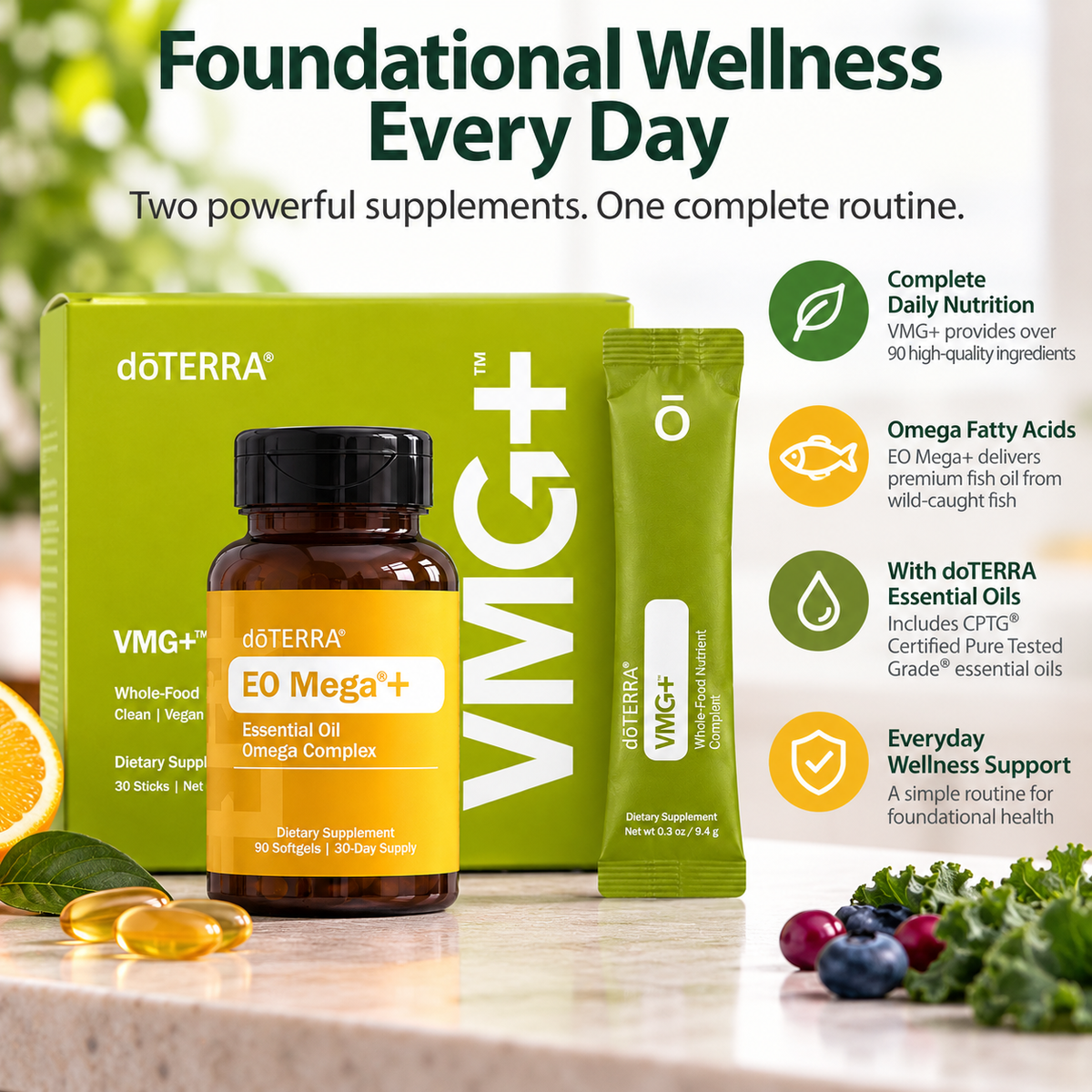 doTERRA VMG+ and EO Mega+ bundle with daily nutrition and omega fatty acid benefits