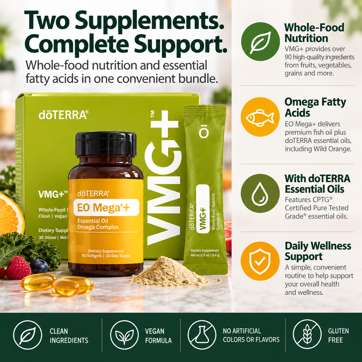 doTERRA VMG+ and EO Mega+ bundle featuring whole-food nutrition and omega fatty acids