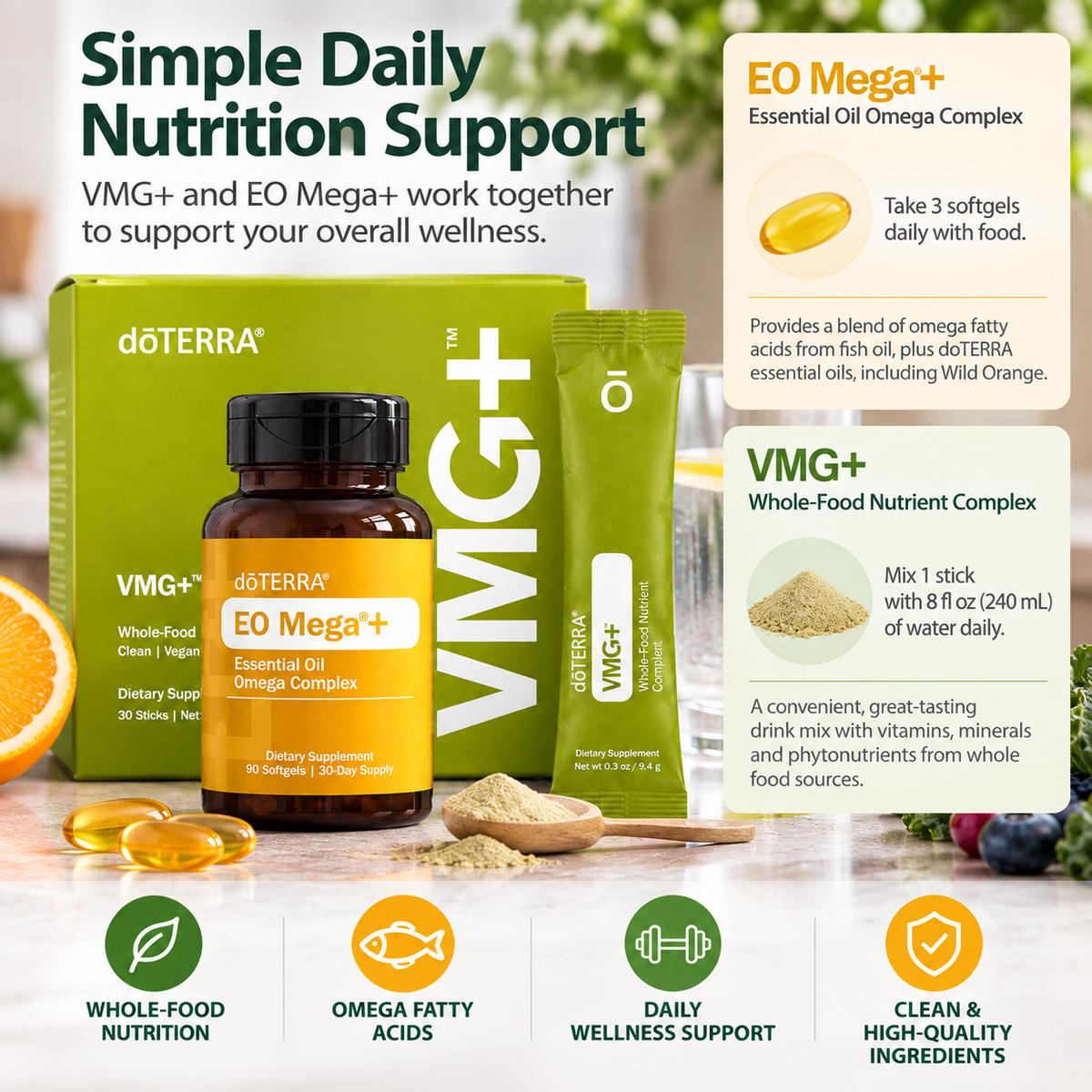 doTERRA VMG+ Whole-Food Nutrient Complex and EO Mega+ daily nutrition routine