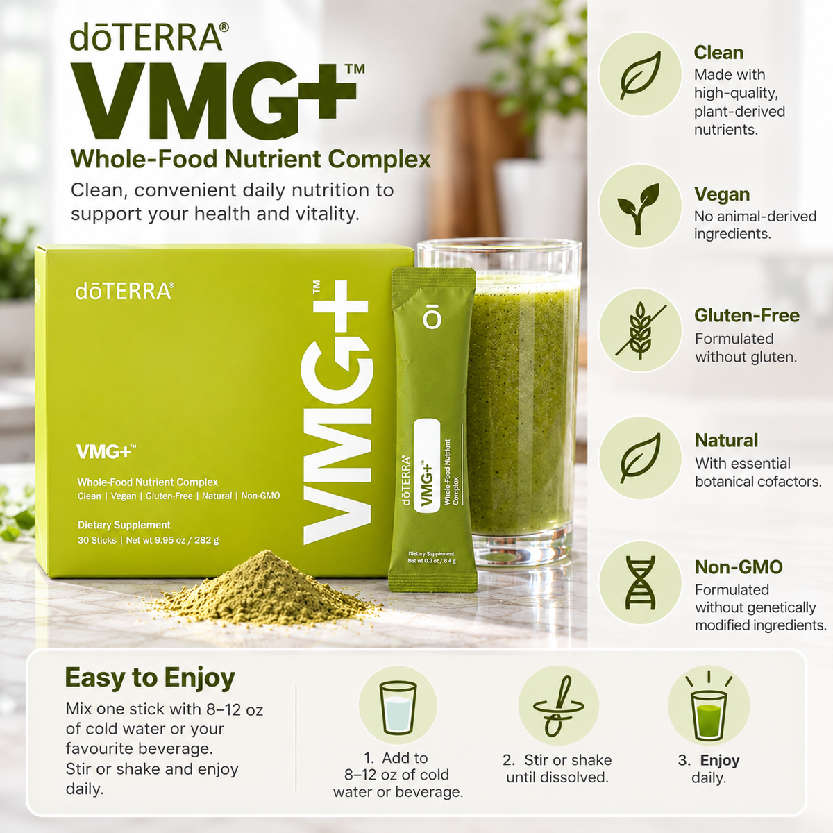 doTERRA VMG+ Whole-Food Nutrient Complex product features and mixing instructions