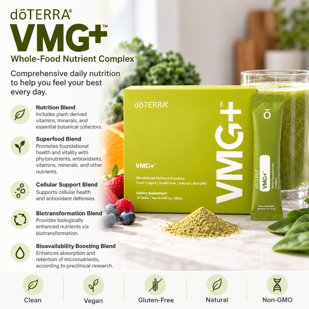 doTERRA VMG+ Whole-Food Nutrient Complex with five nutrient blends and product features