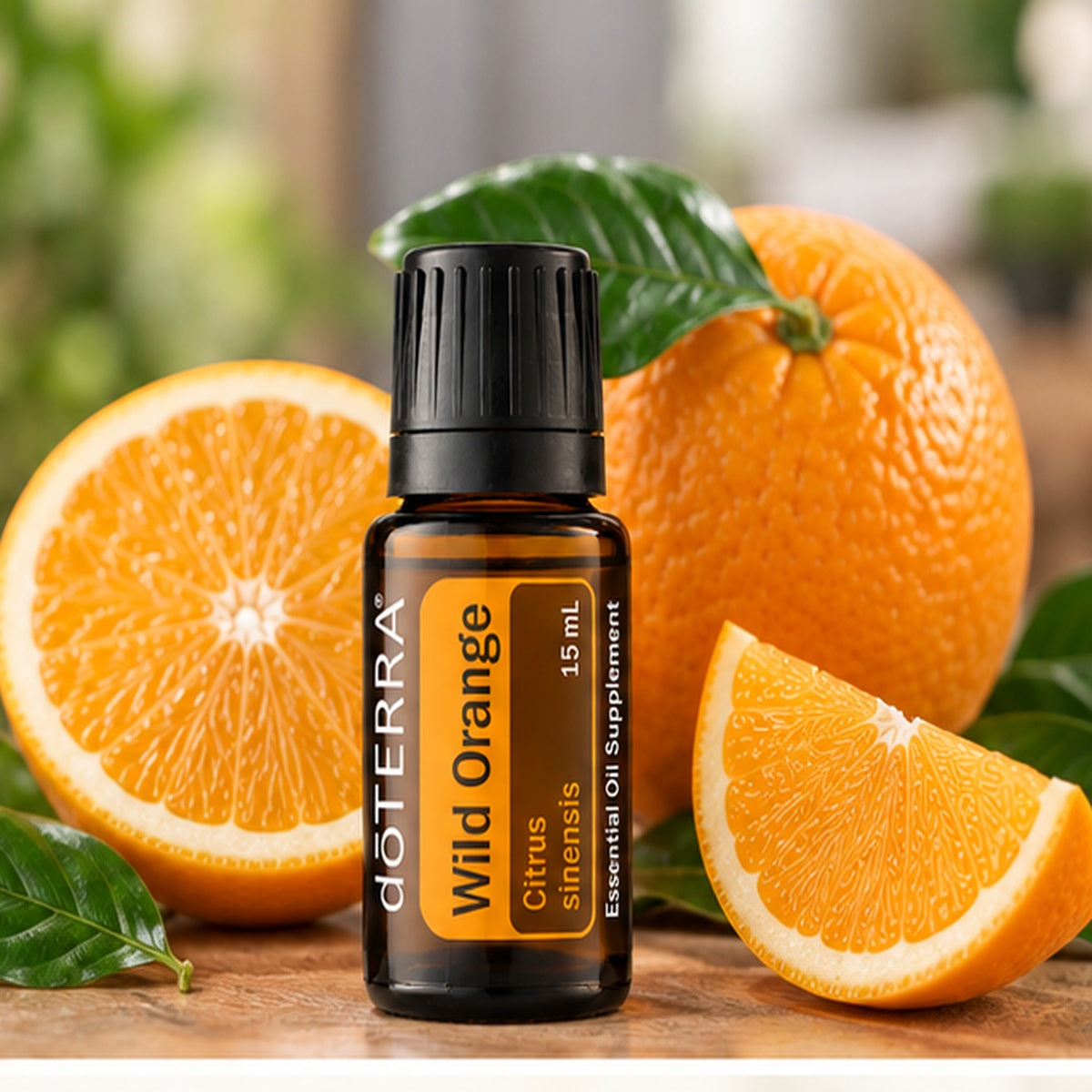 doTERRA Wild Orange Essential Oil 15ml with fresh oranges