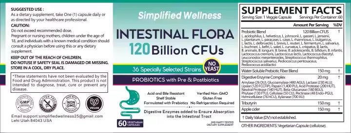 Simplified Wellness Intestinal Flora Probiotics 120 Billion CFUs 36 Strains